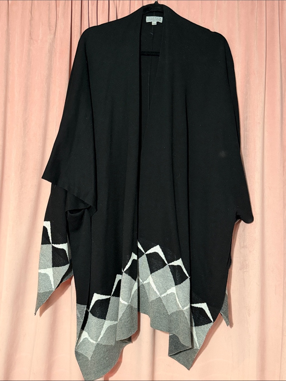 Joseph A Black Open Poncho with Gray & White Geometric Border